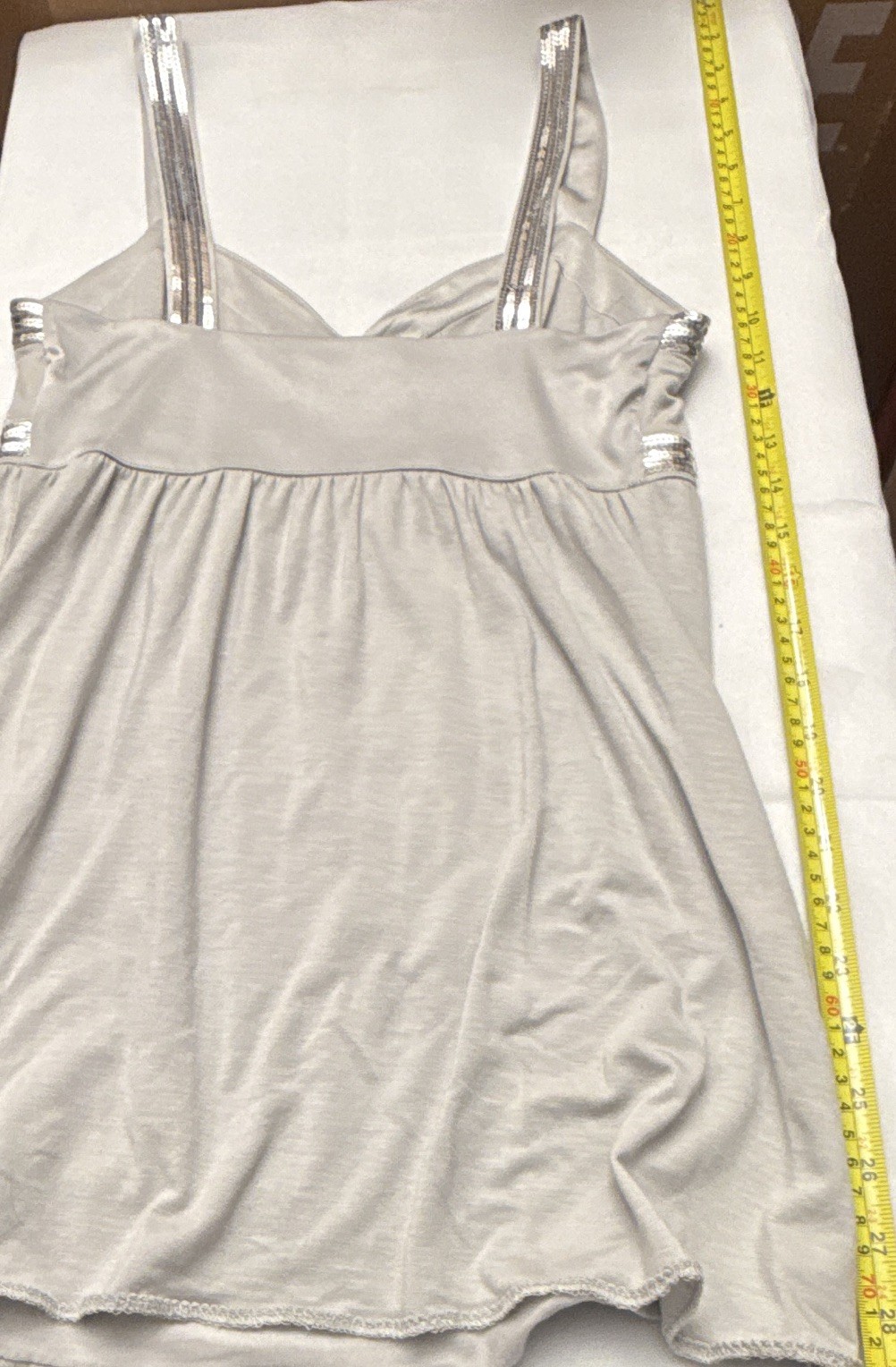 Women’s Solid Gray Camisole Size S Stretch Spaghetti Straps Silver Sequin Trim