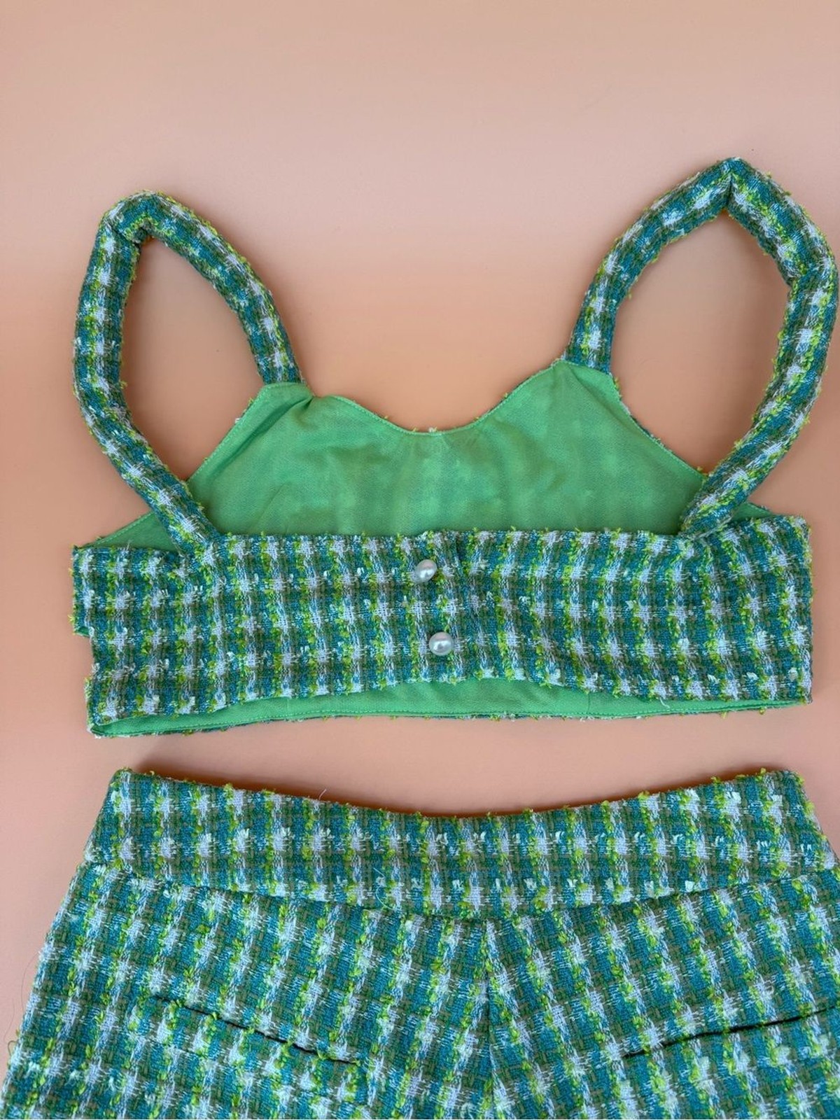 Brazilian Boutique Brand Aesthetic Green Tweed Crop Top and Shorts Set