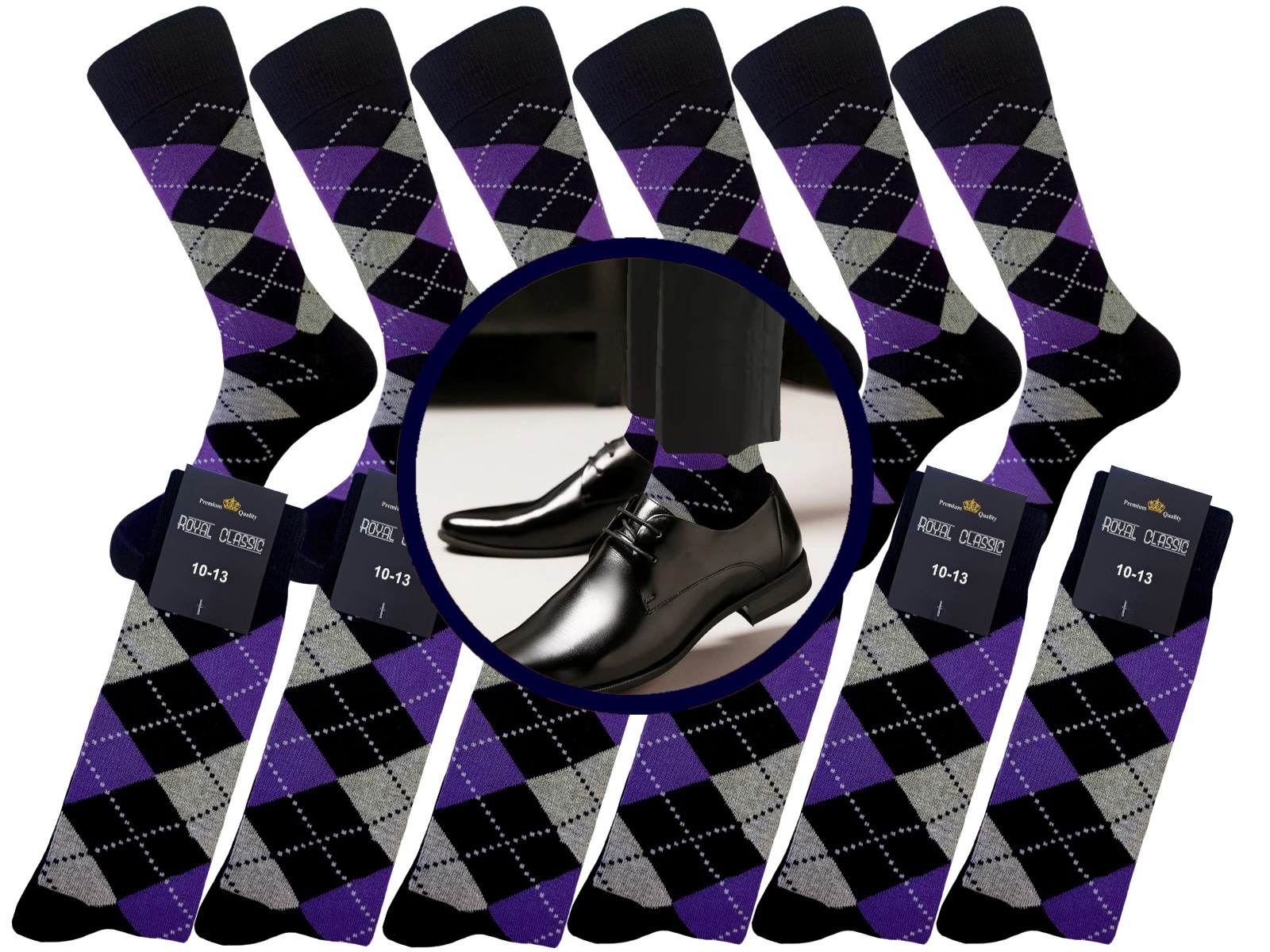 1-3-6-12 PAIR DRESS SOCKS BLACK PURPLE BLACK DIAMOND ARGYLE COTTON SOCKS 10-13
