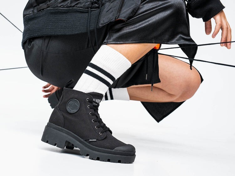 Palladium Pallabase Twill Black /Black Womens Combat Platform Boots 96907 008