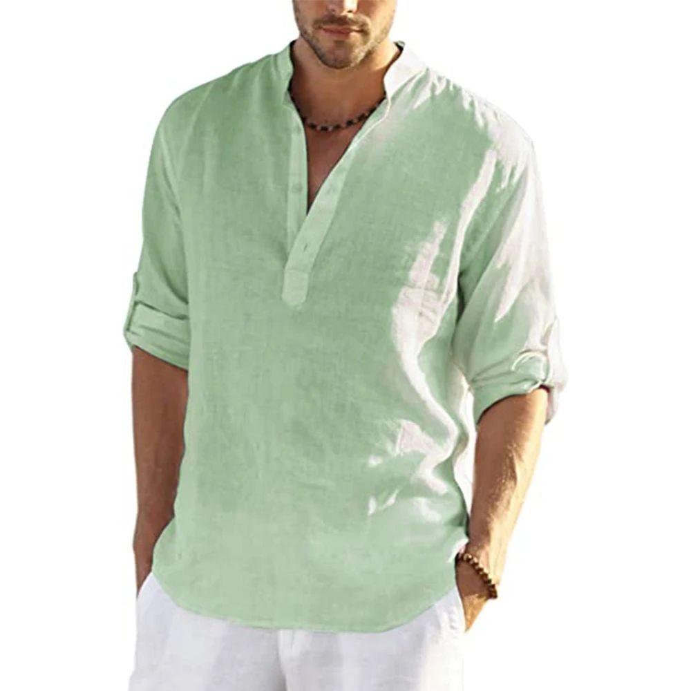 Men’s Cotton Linen Shirt Stand Collar Long Sleeve Casual Pullover Top