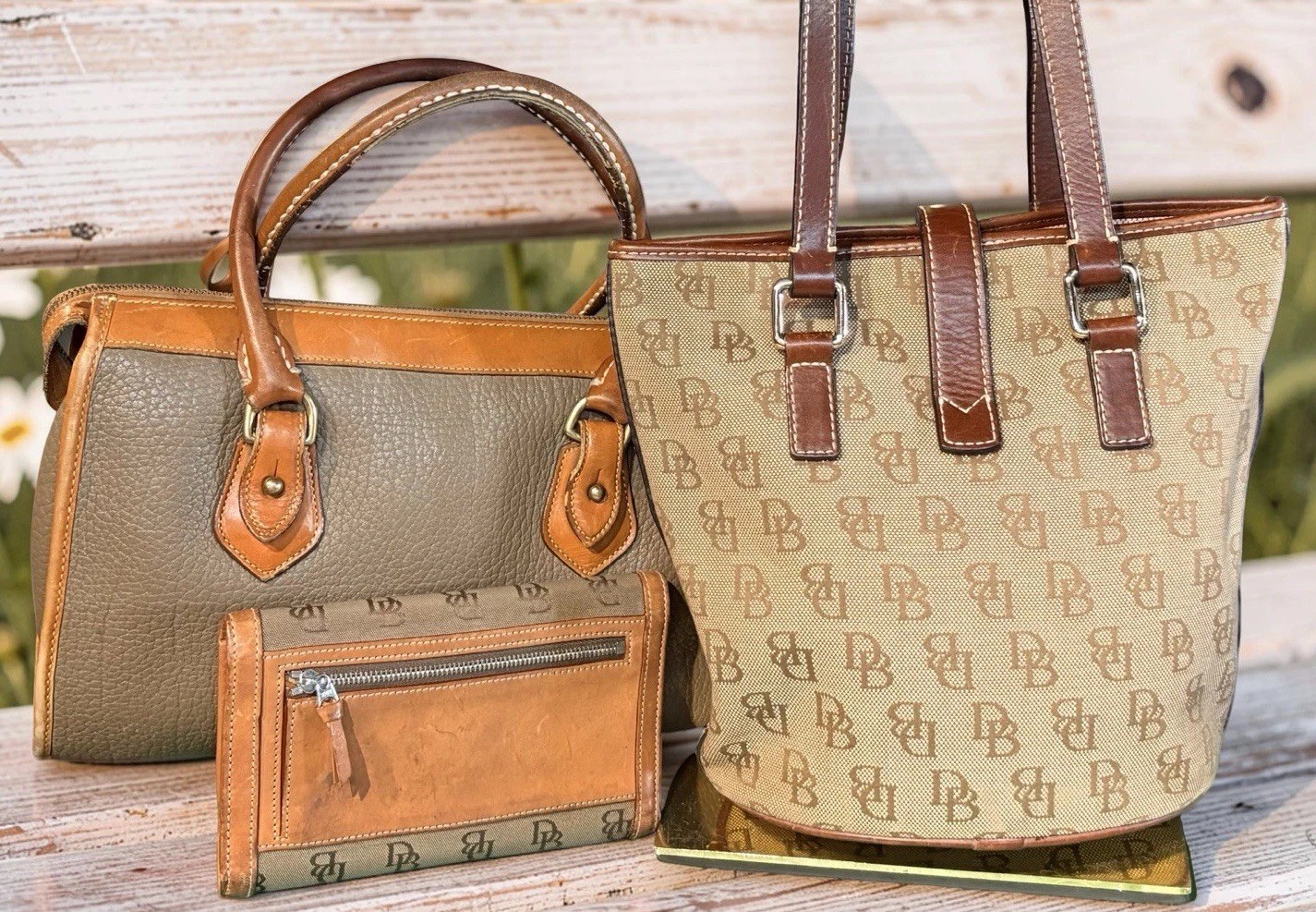 Dooney Bourke Bundle Lot Leather Bags Beige Brown DB Logo Tote Satchel Wallet