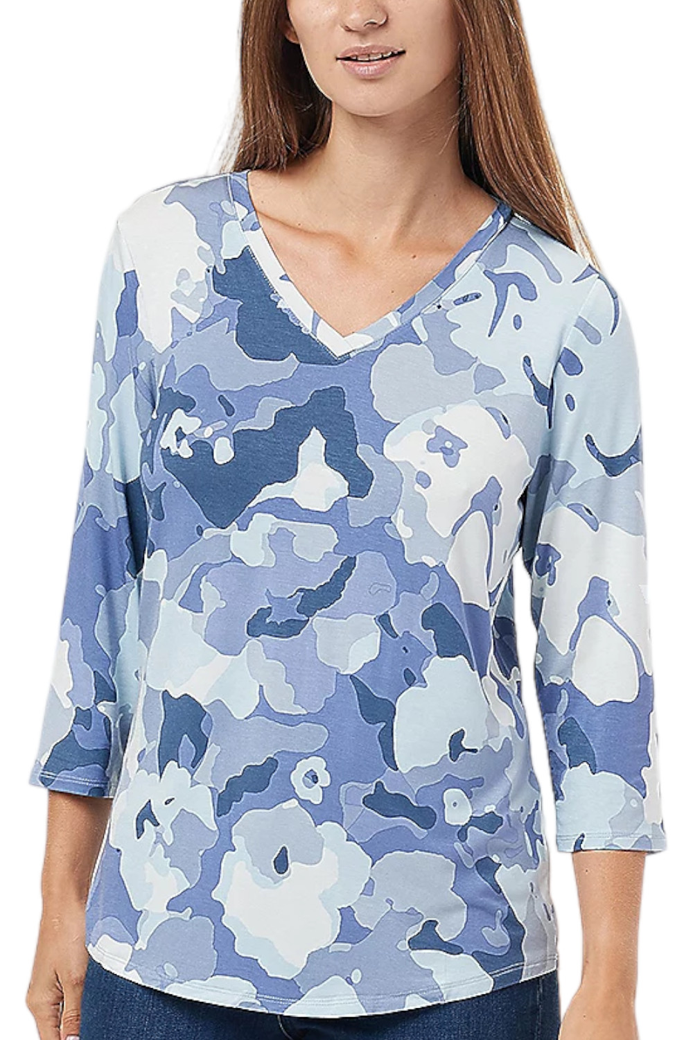 Belle by Kim Gravel Spandex Floral Camo V Neck Top Indigo