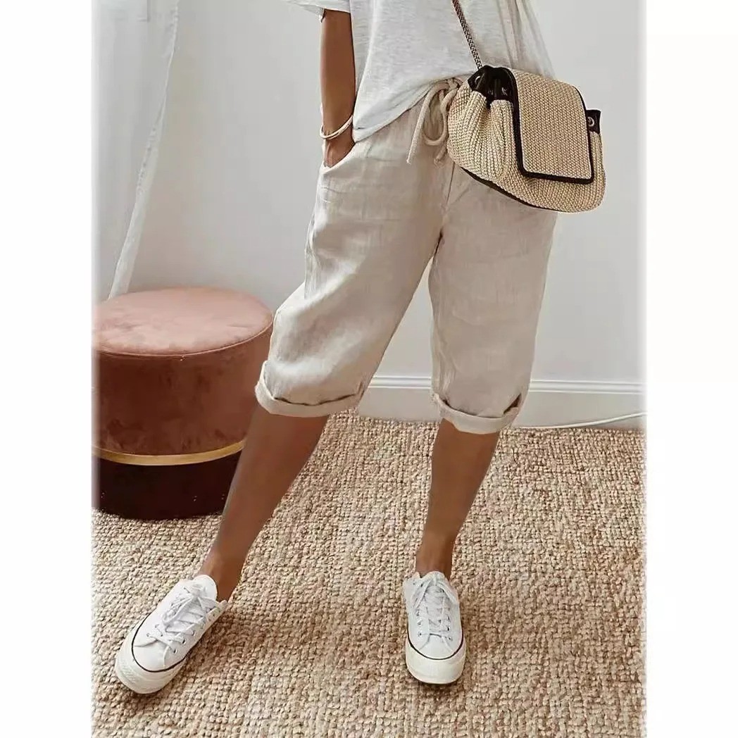 Womens Capri Pants Casual Drawstring Elastic Waist Cropped Trousers Summer