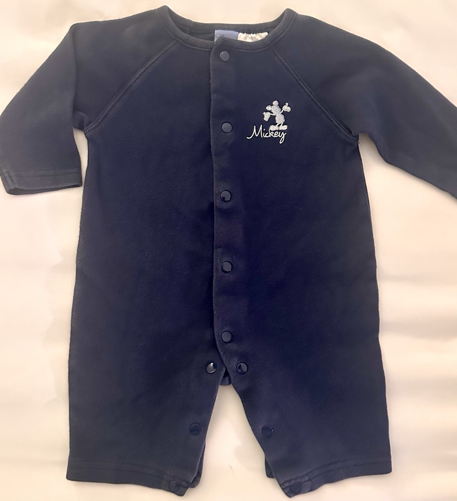 Vintage Disney Baby Mickey Mouse Navy Blue Cotton Knit Coverall Snap Front 3-6M