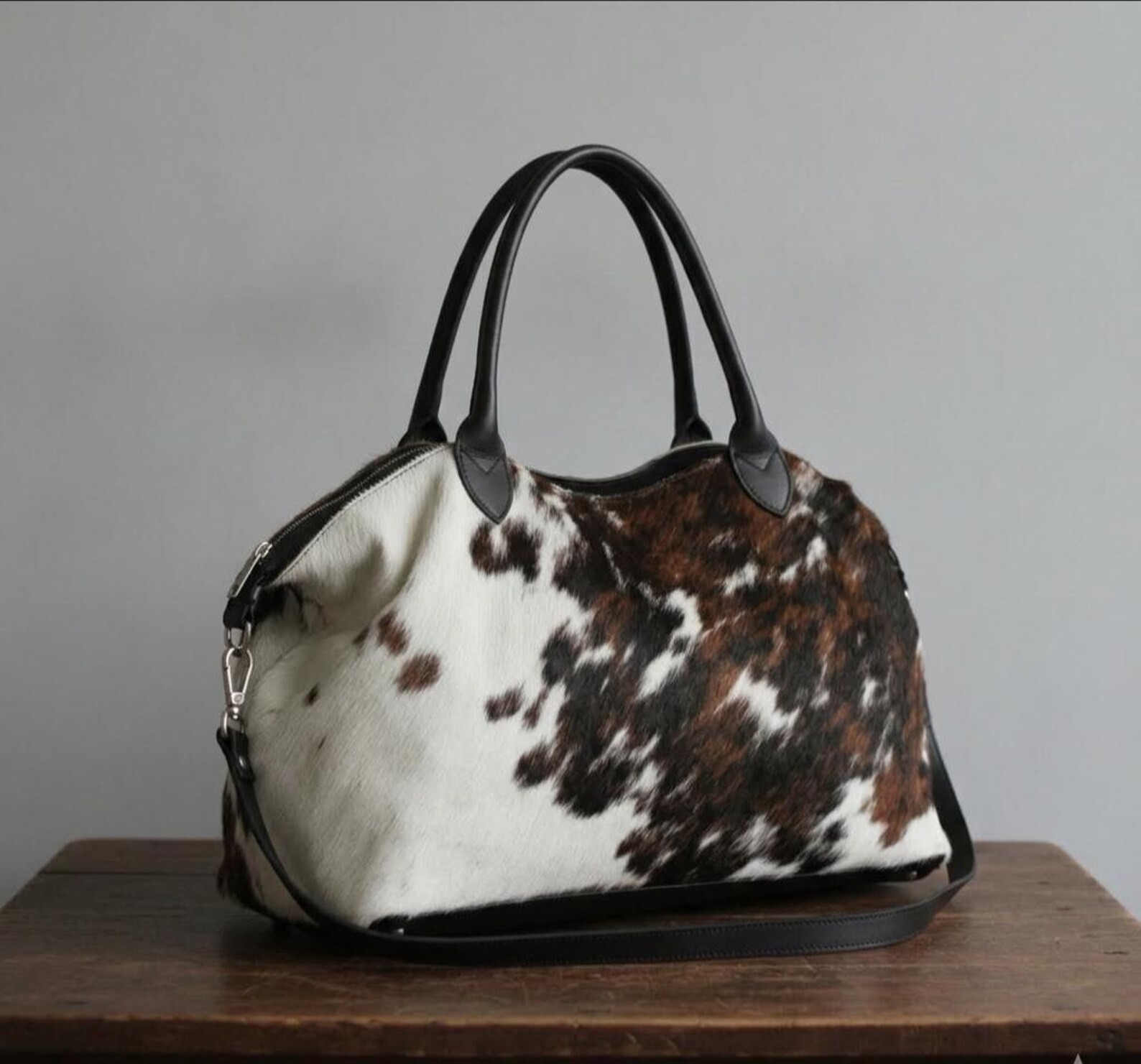 Genuine Leather Cowhide Tote Bag Brown White Cow Print Shoulder Handbag