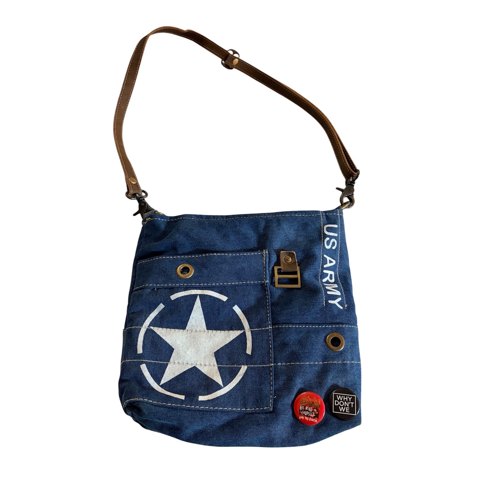 Myra Bag Women’s Crossbody Purse Upcycled Denim Canvas Army White Star Design