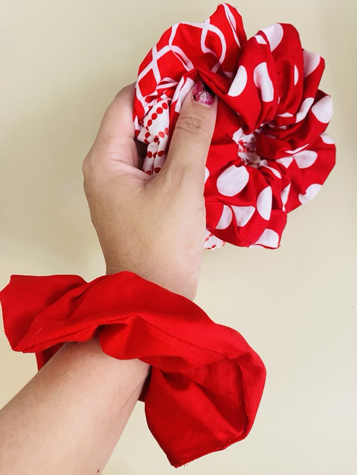Handmade Scrunchie Set Of 3 – White Polka Dot, Solid & Patterned Hair Ties Gifts