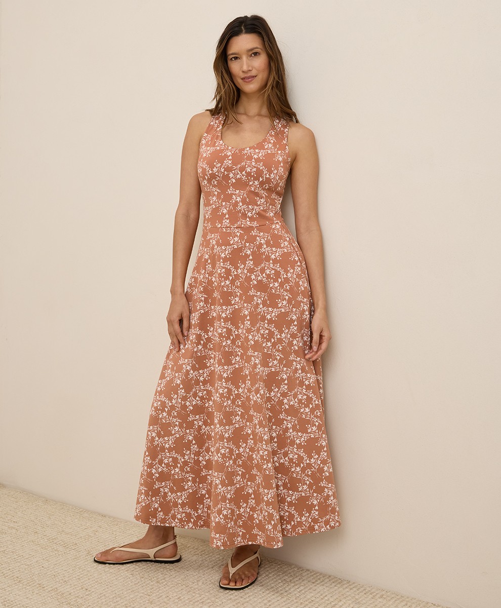 Pact Women’s Large Fit & Flare Open Back Maxi Dress Bouquet Blooms Ochre