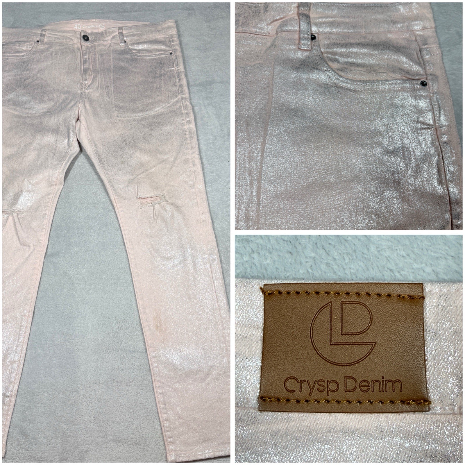 Crysp Denim 40 Skinny Jeans Mens Pink Metallic Distressed Streetwear
