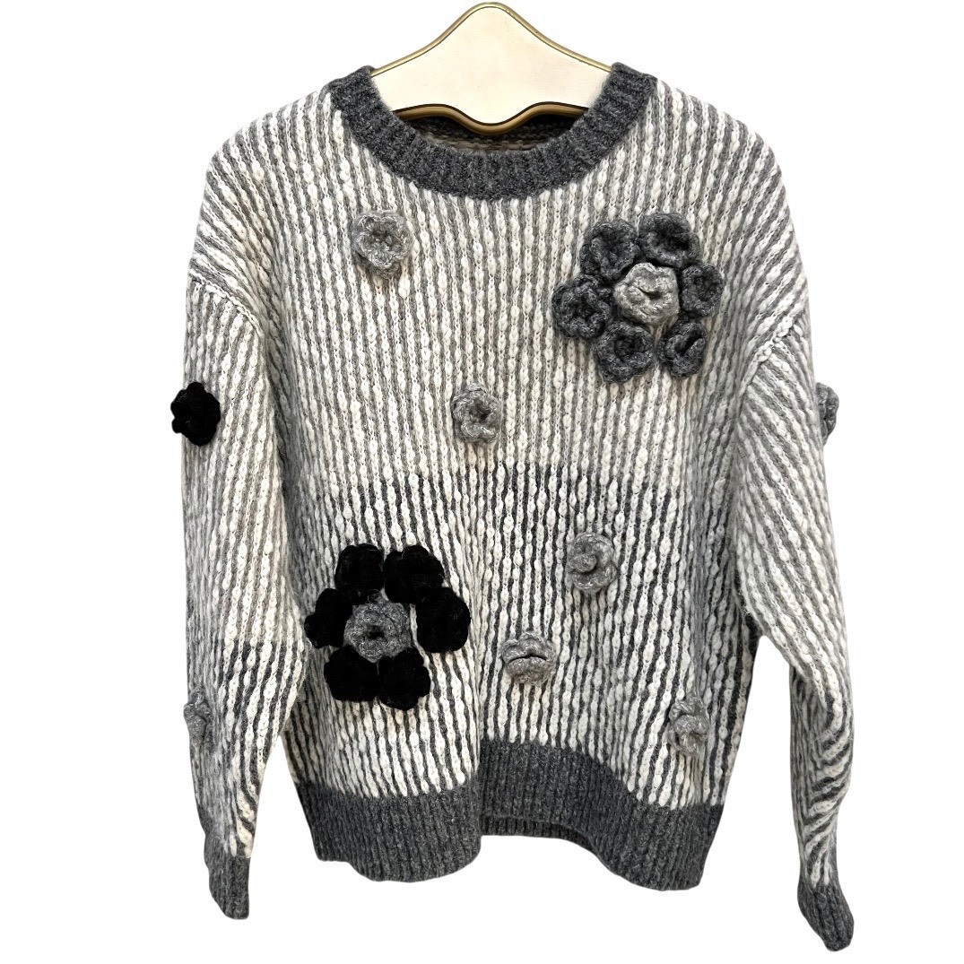 Grannycore Chunky Knit Oversized 3D Crochet Flower Sweater Women Grey Boho Large