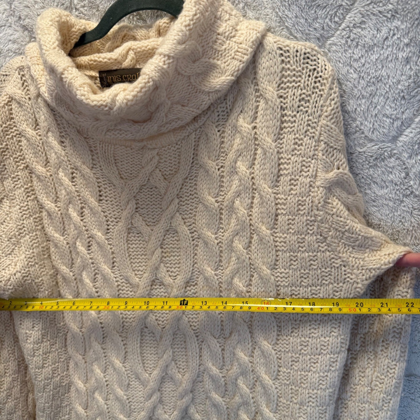Inis Crafts Ireland Merino Wool Fisherman Cable Knit Cowl Neck Sweater Cream M L