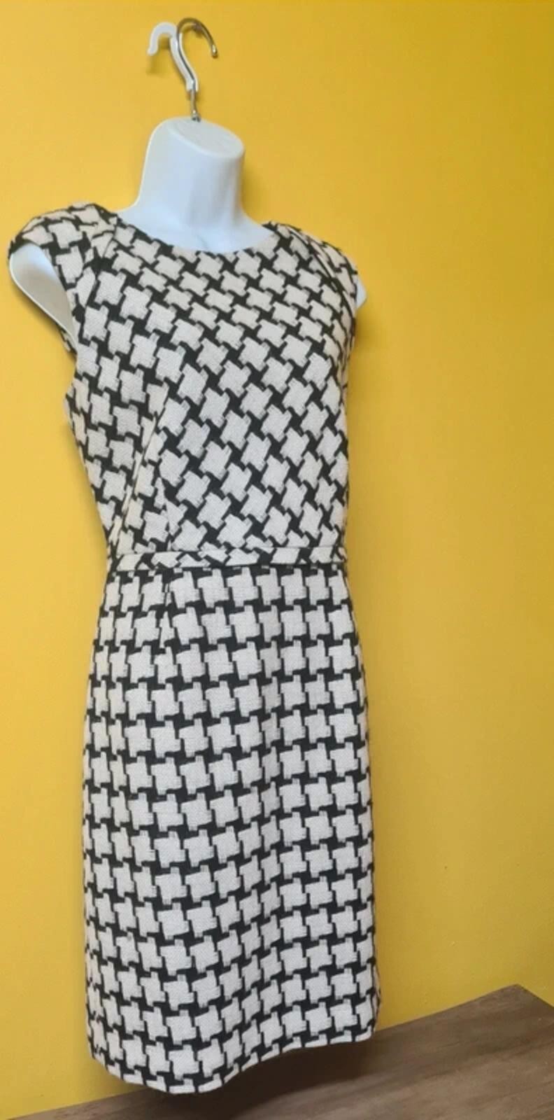 Hobbs Cream And Black Wool Tweed Shift Smart Evening Day Dress preppy