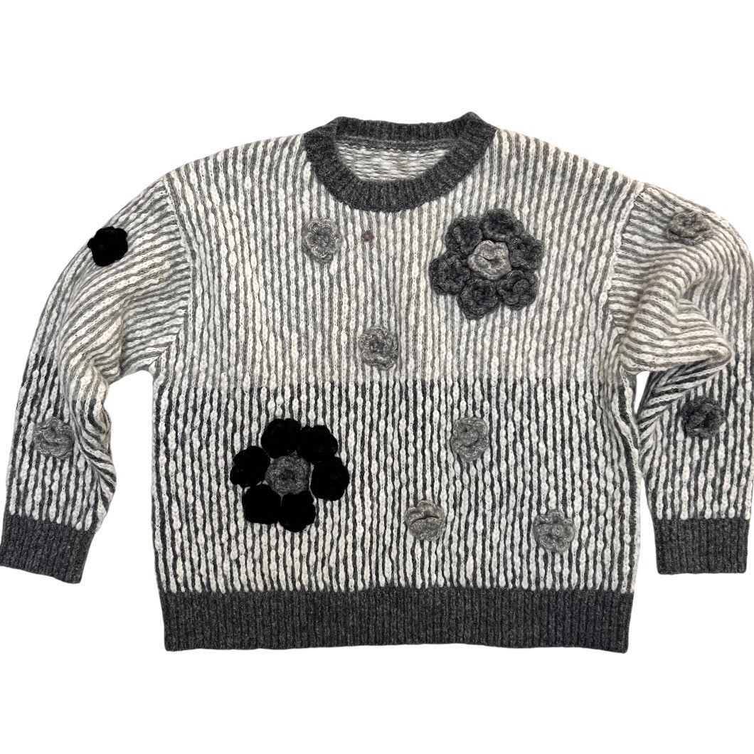 Grannycore Chunky Knit Oversized 3D Crochet Flower Sweater Women Grey Boho Large