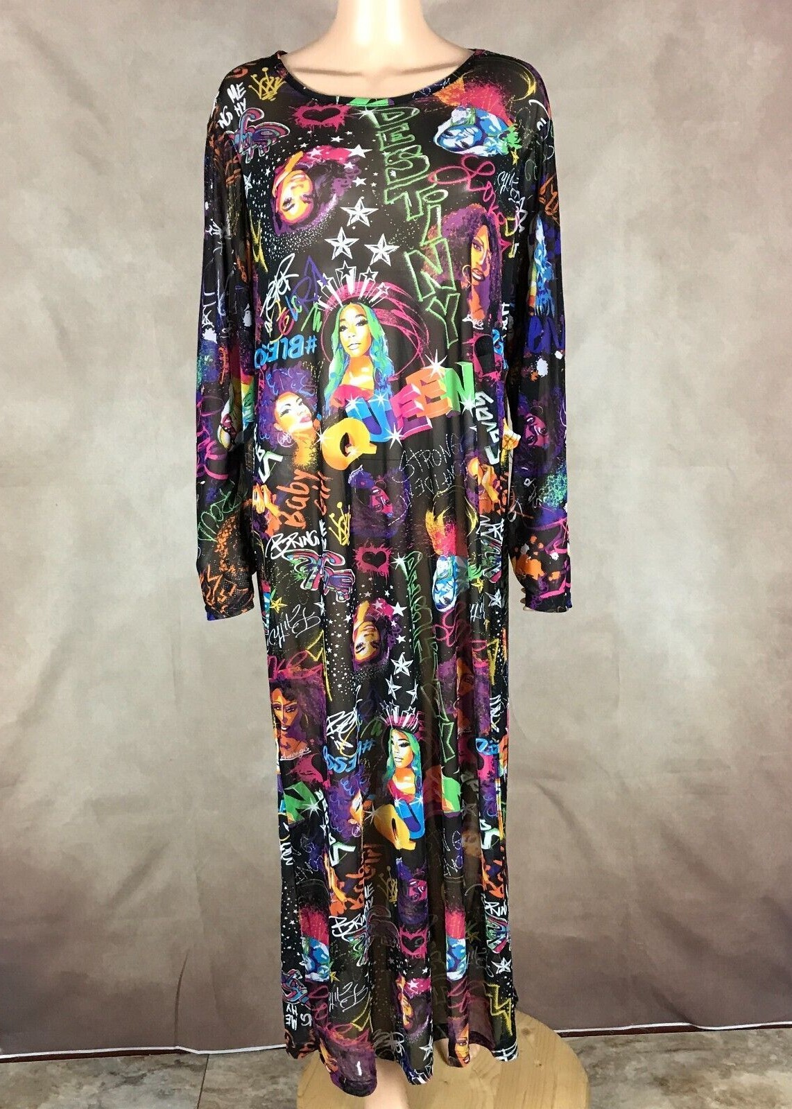 Graffiti Printed High Slit Sheer Mesh Maxi Dress 4X