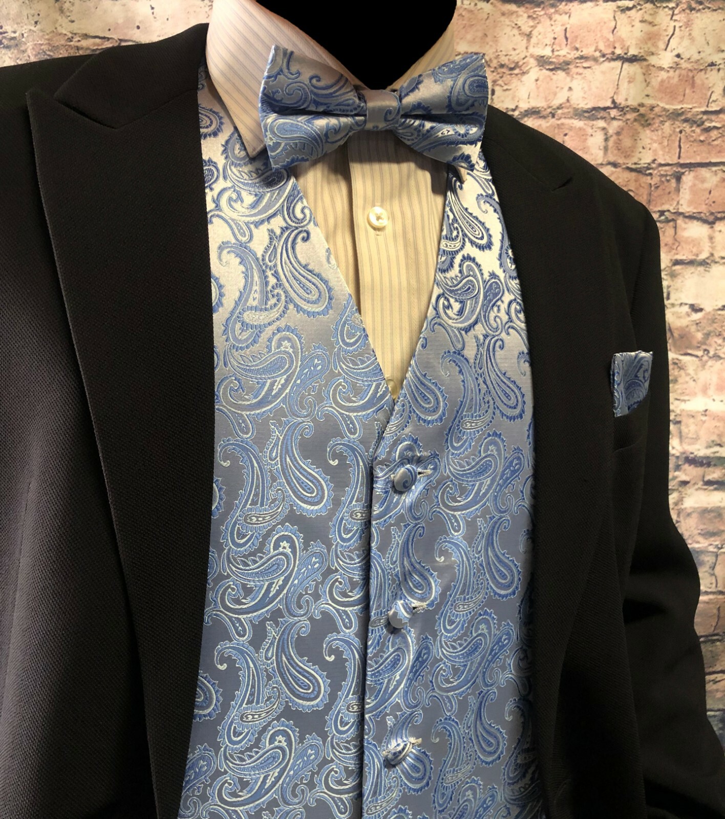 Light Blue XS to 6XL Paisley Tuxedo Suit Dress Vest Waistcoat & Bow tie Hanky