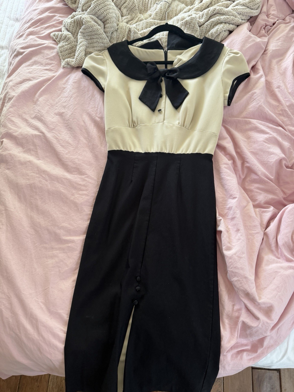 Stop Staring! Black Beige Solid Bodycon Pencil Dress Bow Collar Cap Sleeve L