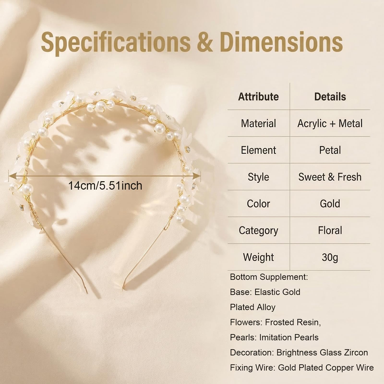 1 Piece 14cm Gold Pearl Flower Headband, Rhinestone Decor Floral Hair Hoop, E…