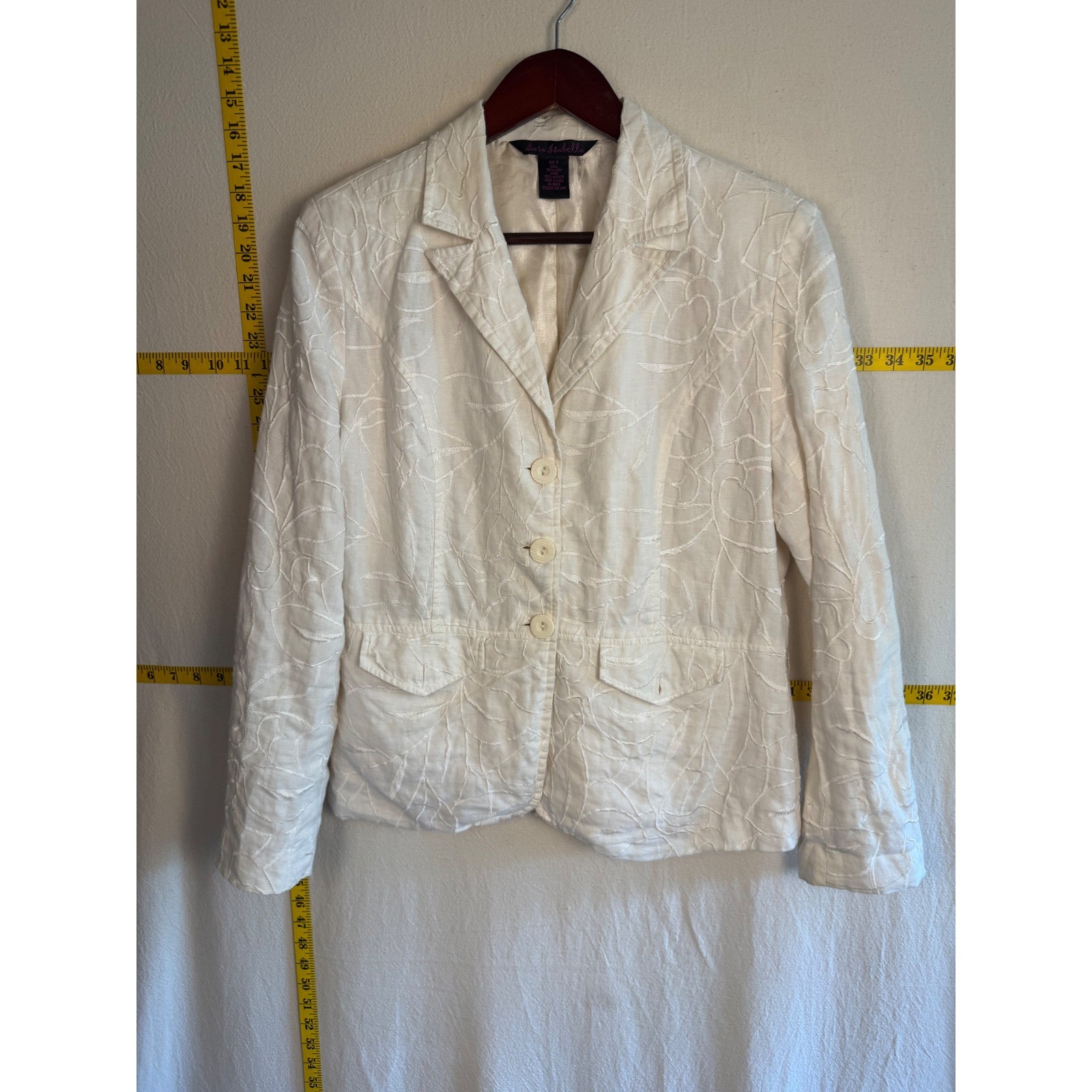 Sara Isabella Embroidered Women’s Medium White 100% Linen Blazer Preppy Coastal