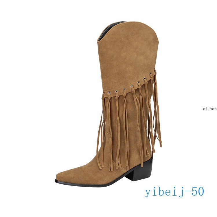 Women Tassel Mid Calf Boot Velvet Western Cowgirl Shoes Dress Formal Fall Winter