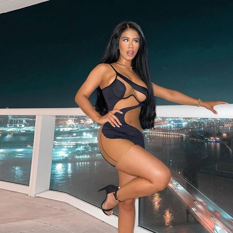 Sexy Women Sleeveless One-shoulder Mesh See-through Patchwork Bodycon Mini Dress