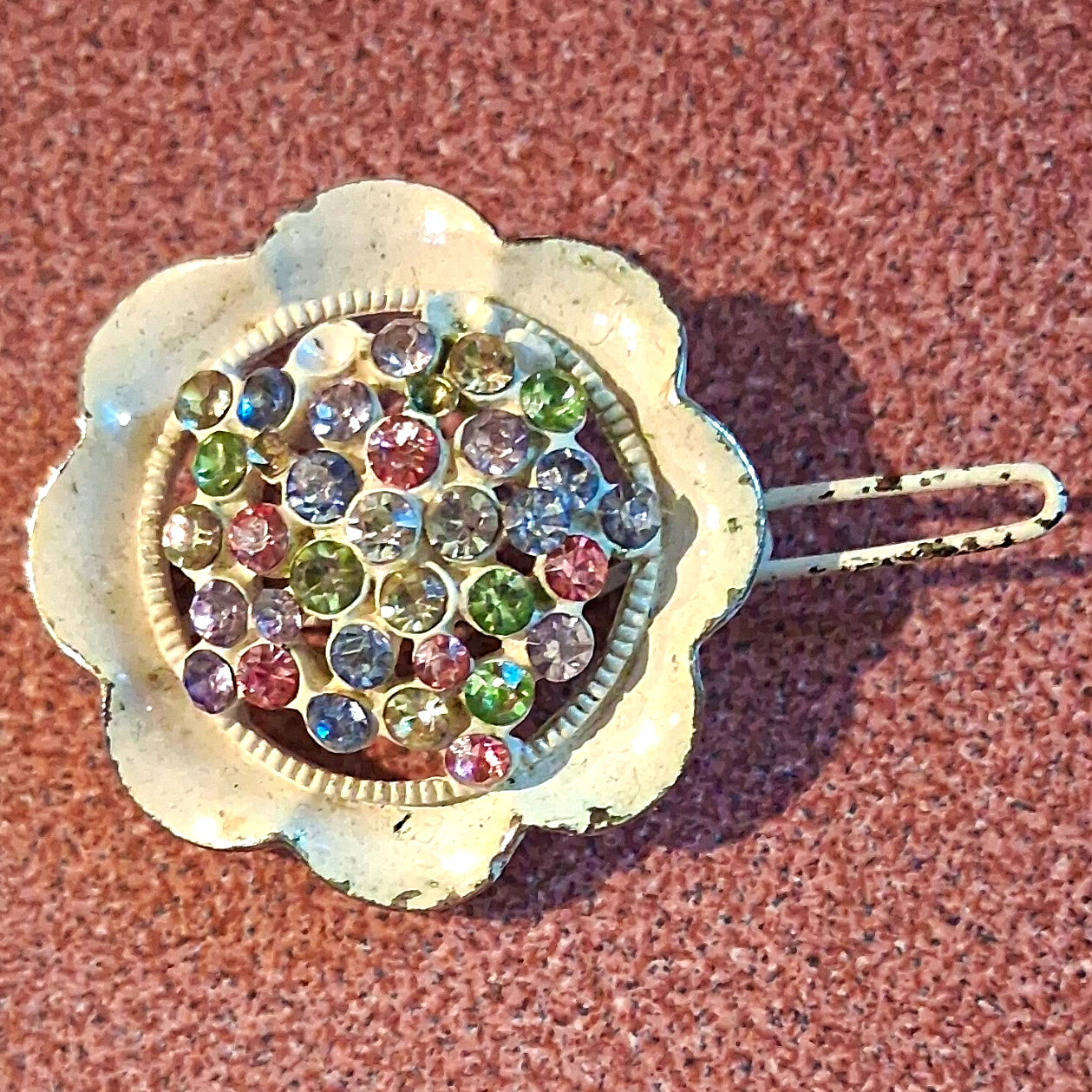 Vintage White Flower Metal Barrette Hair Clip, Multicolor Rhinestone Accents