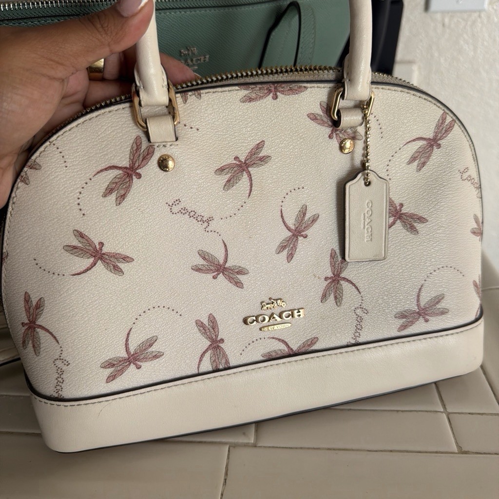 Coach Beige Small Satchel/Top Handle – Dragonfly Print Zip, Detachable Strap
