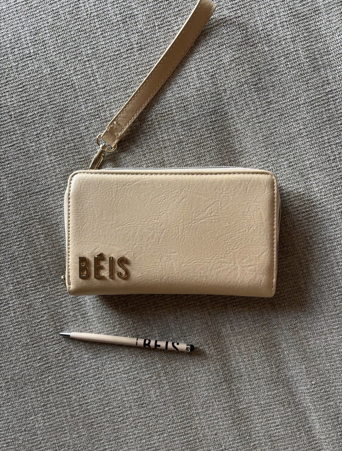 BÉIS Beige Zip Wristlet Wallet w/ Wrist Strap, Logo & Credit Card Slots