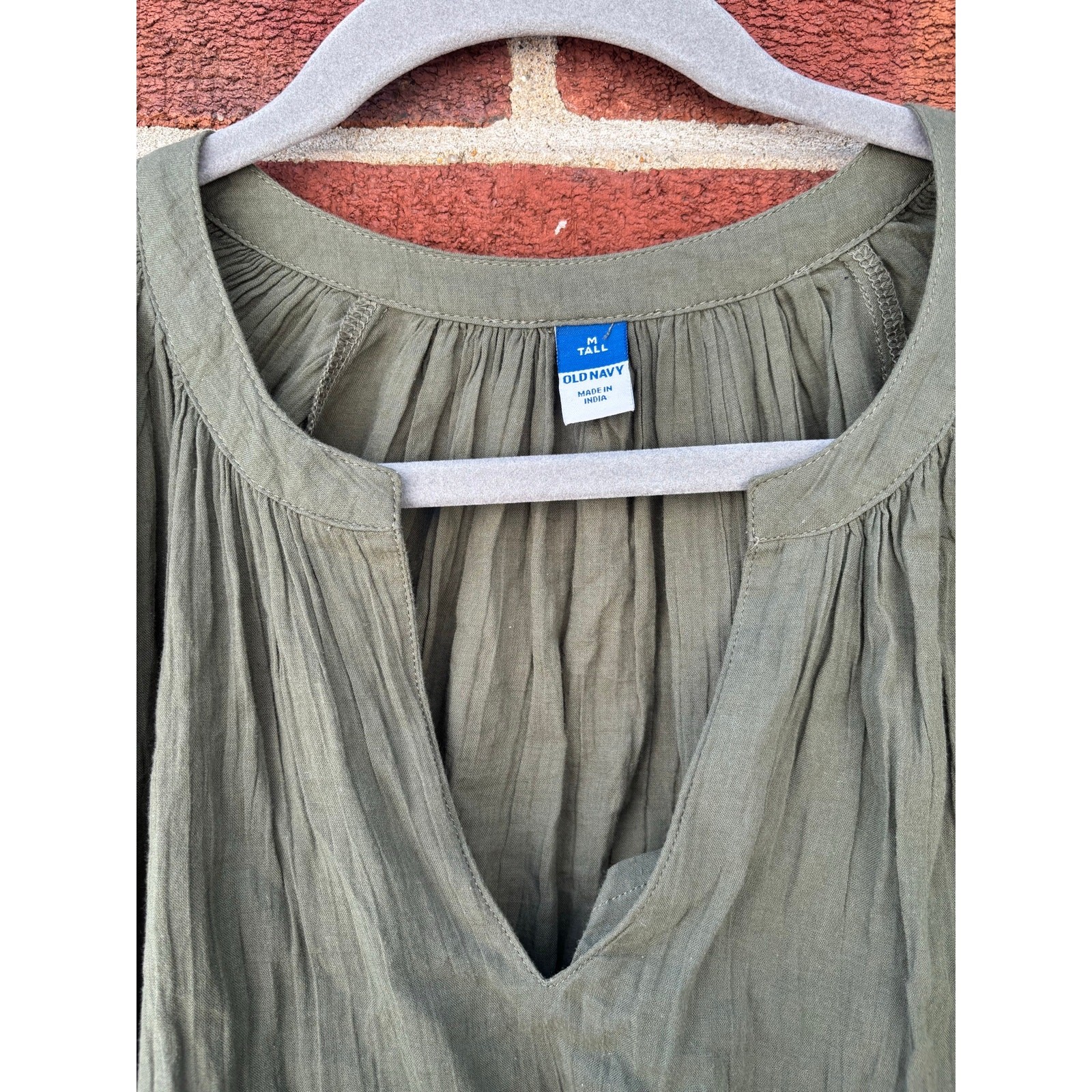Old Navy Olive Green Peasant Blouse Medium Tall Boho Long Sleeve Cotton Top