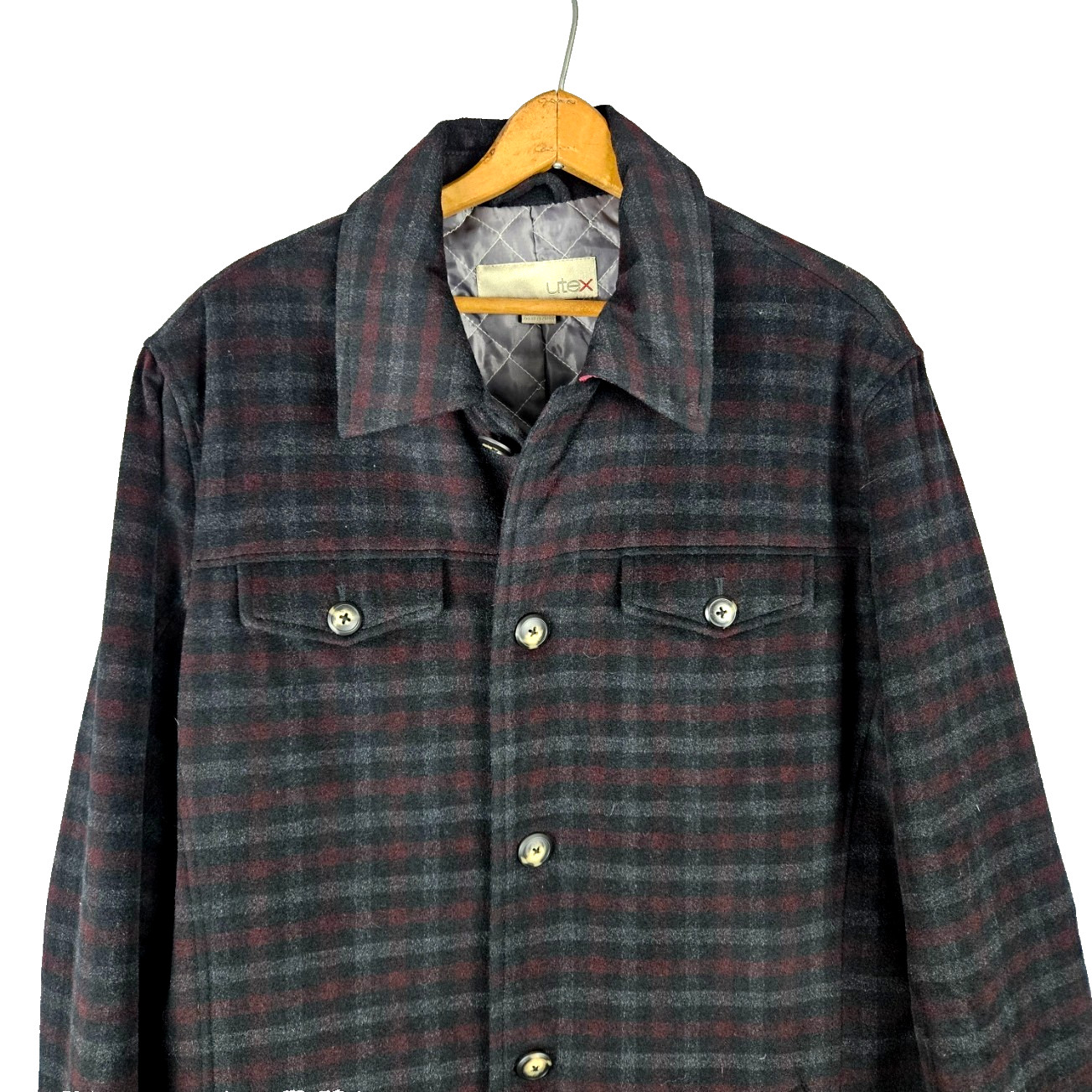 Utex Plaid Wool Shacket Jacket Mens L Burgundy Dark Gray Quilt Lining Insulated
