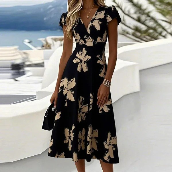 NEW Floral 3D Digital-print V-neck Short-sleeve Dress Sizes S-4XL