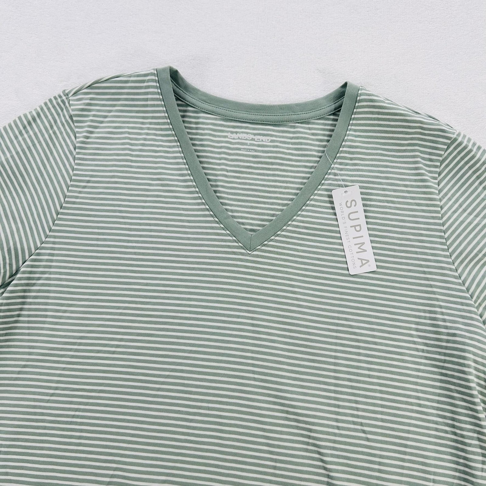 Lands End Shirt Womens Small Green White Stripe Supima V Neck Tee Cotton NEW