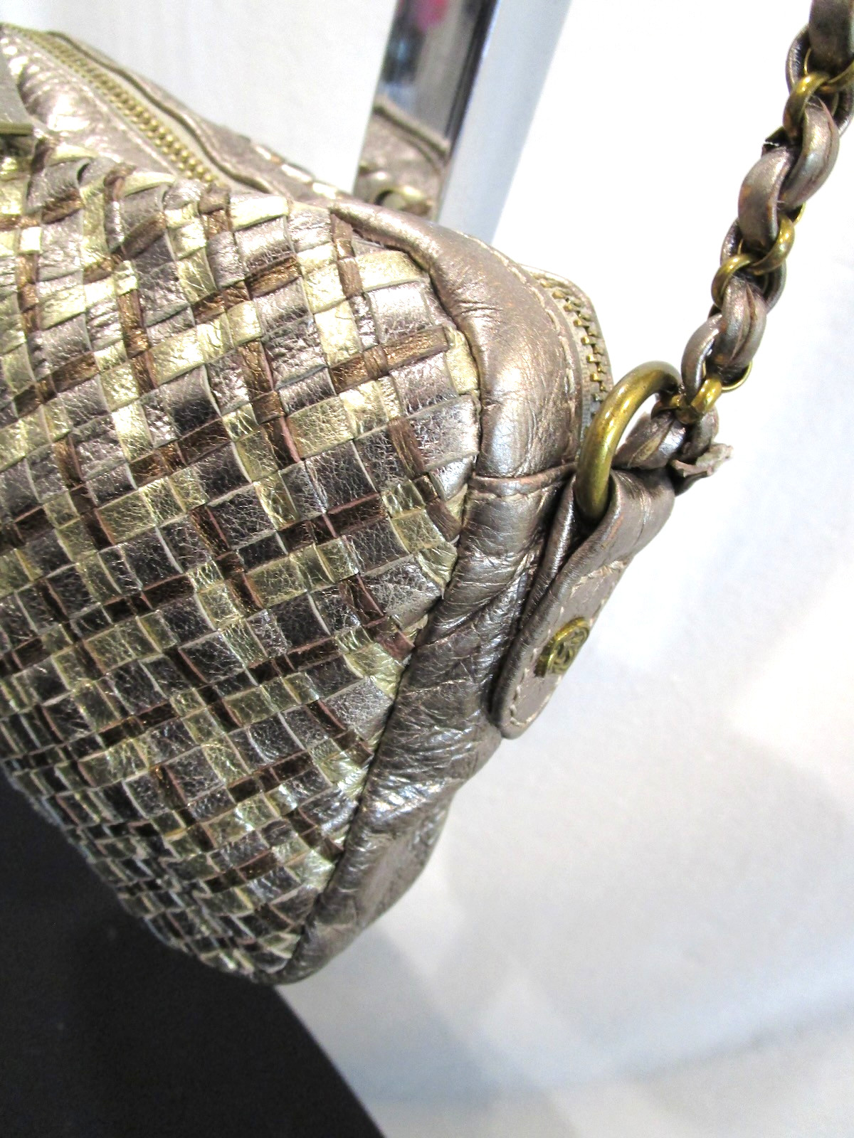 Elliott Lucca Small Silver, Gold Metallic Woven Leather Crossbody Purse