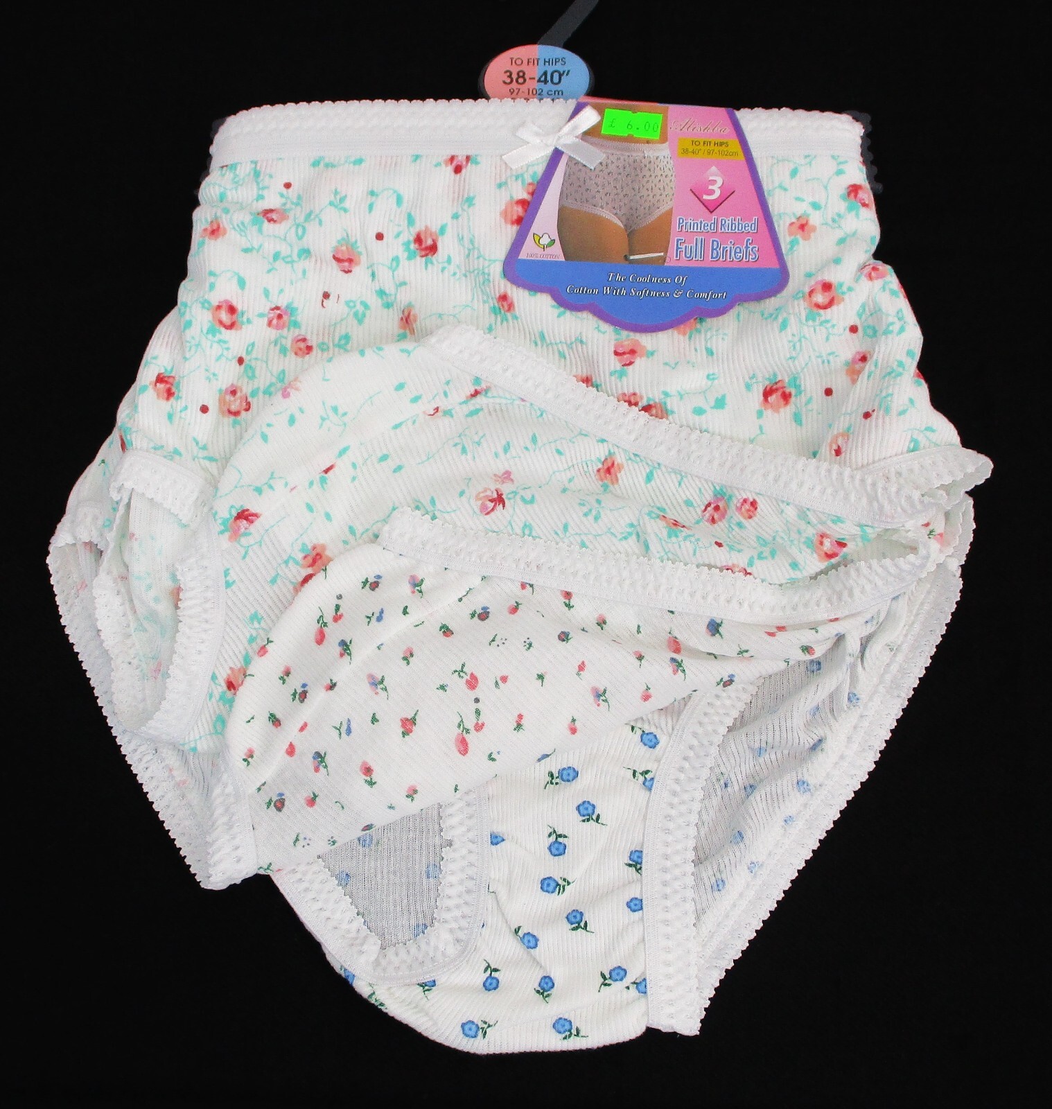 Ladies 3 Pack 100% Ribbed Cotton Full Briefs Sizes :38-40″,42-44″,46-48″,50-52″