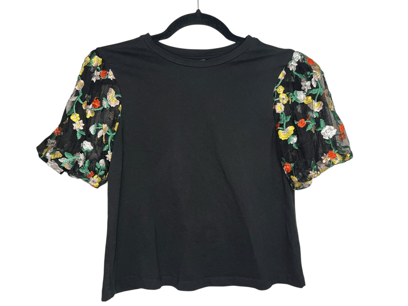 ASOS Women’s 4 Top Floral Embroidered Lace Sleeves Black Crewneck Stretch