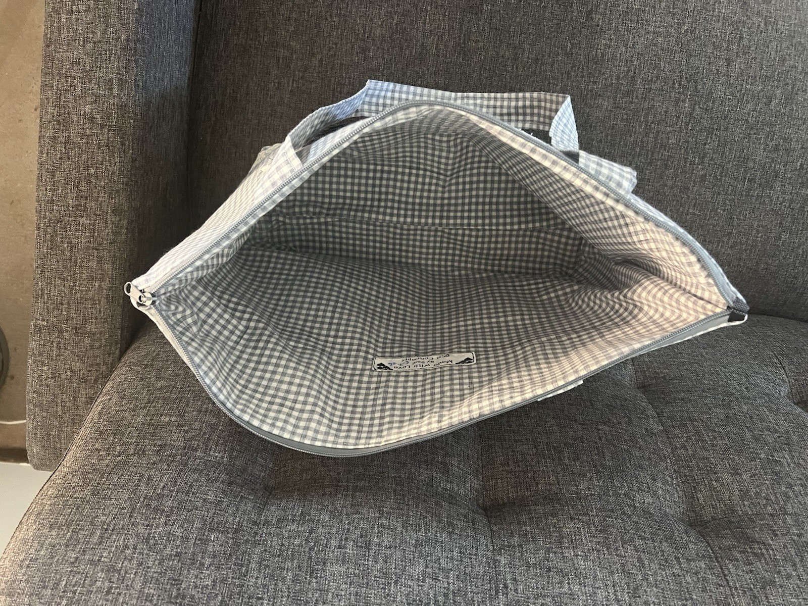Gray/White/Black Gingham Tote Bag Lined Zip Closure Lace Accent Double Handles
