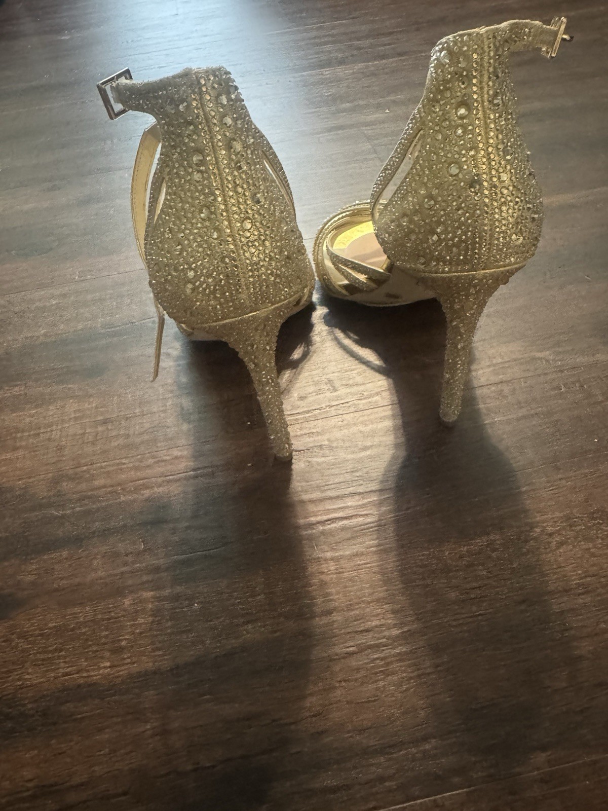 Jessica Simpson Women’s Gold Rhinestone Strappy Open Toe Stiletto Heels 9