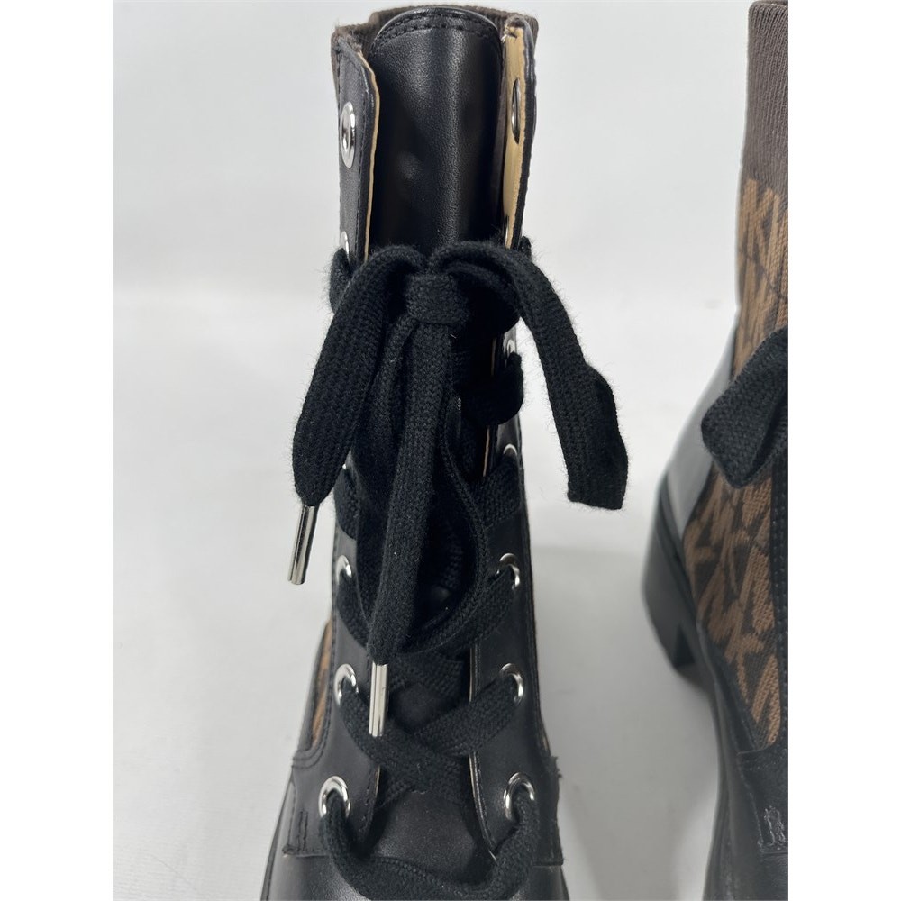 Michael Kors Brea Black Leather & Brown Logo Jacquard Combat Boots 6M