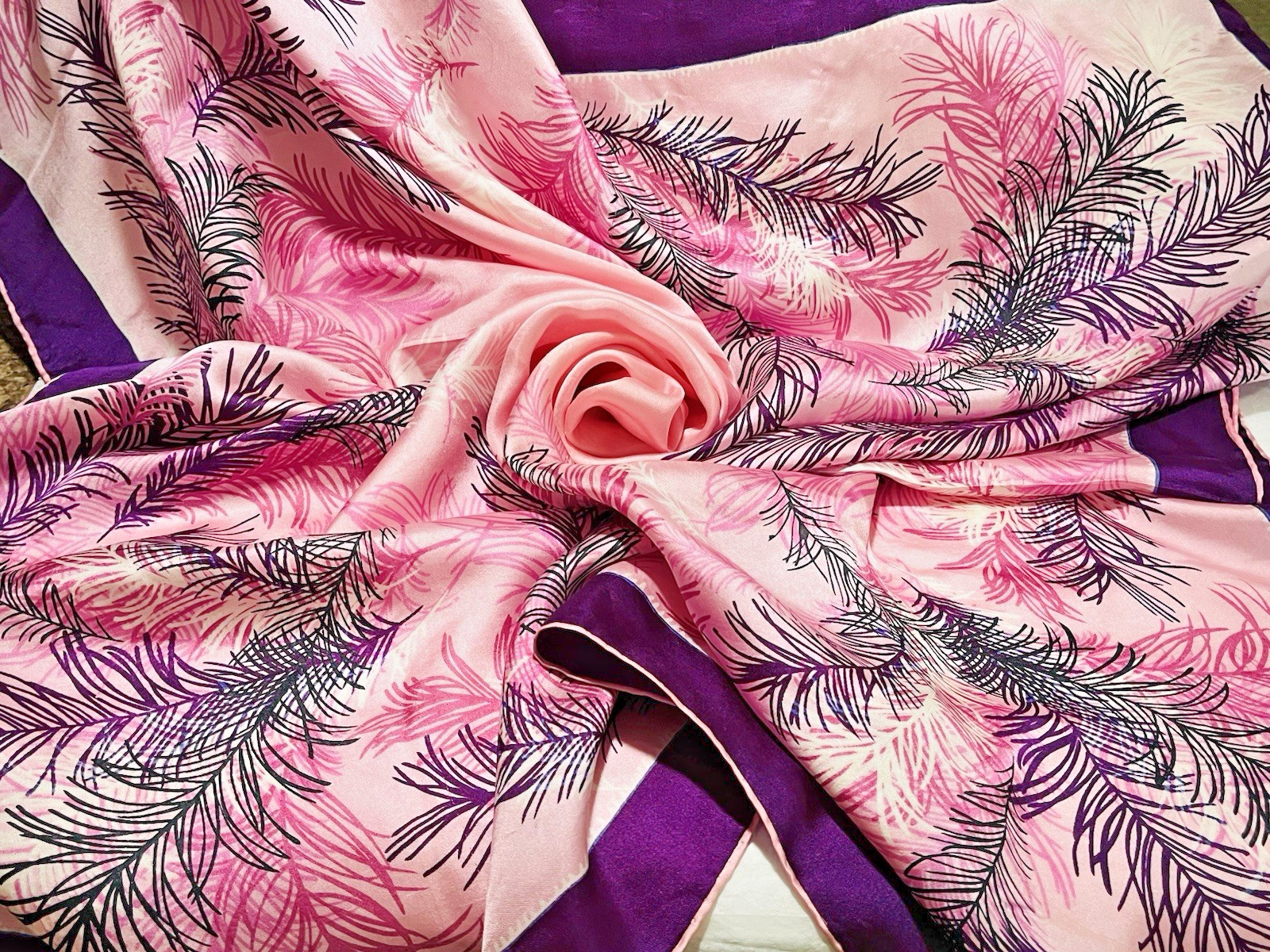 Vintage 1960 100% Silk Scarf Pink Purple Grey Feather Design. MCM 34sq In. 75 Cm