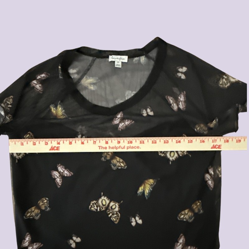 Love Fire Black Butterfly Print Sheer Mesh Top Y2K Grunge Aesthetic Small