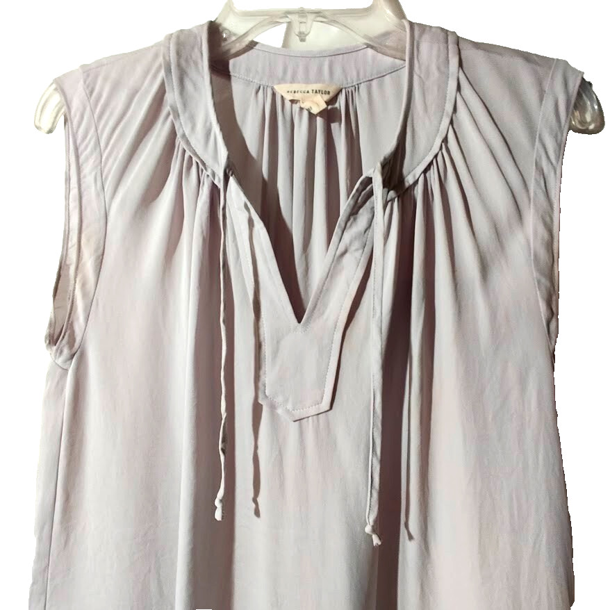 Rebecca Taylor Size 4 Y-Neck Tie Sleeveless Lilac All Silk Blouse Pleats Career