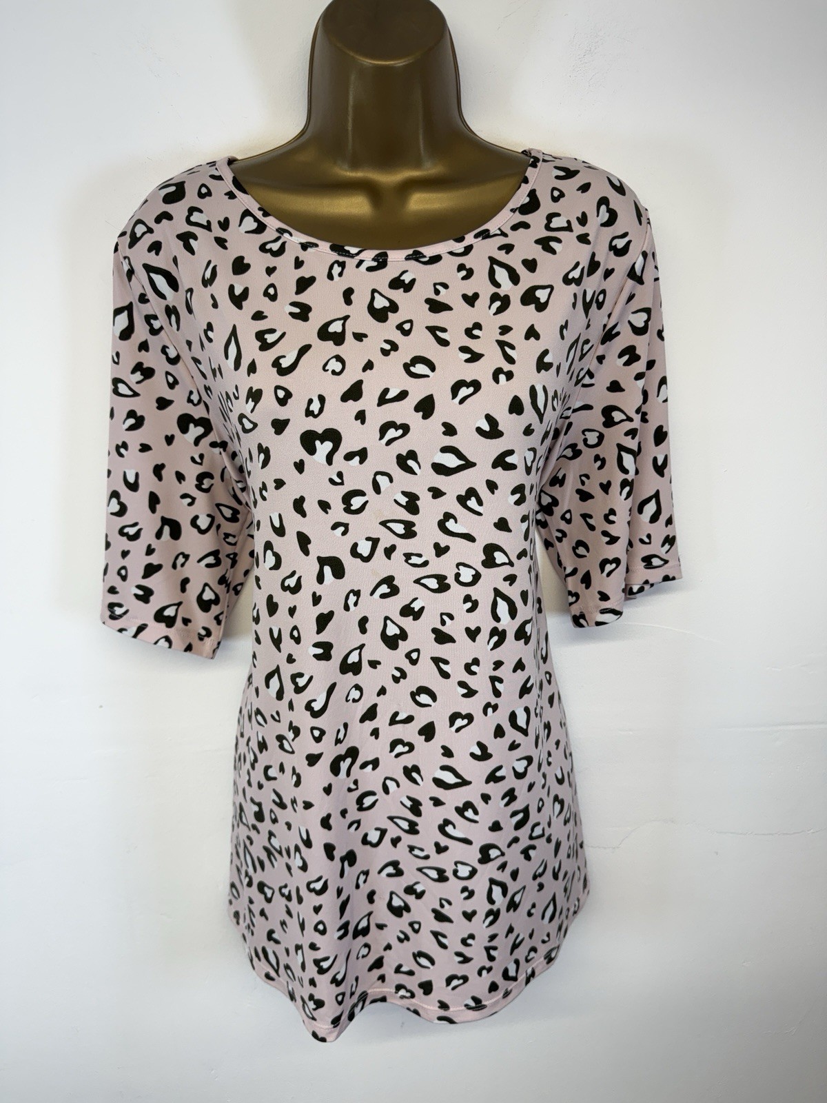 Kim&Co Top Pink Brown Heart Print Stretchy Round Neck Short Sleeve UK 2XL 18/20