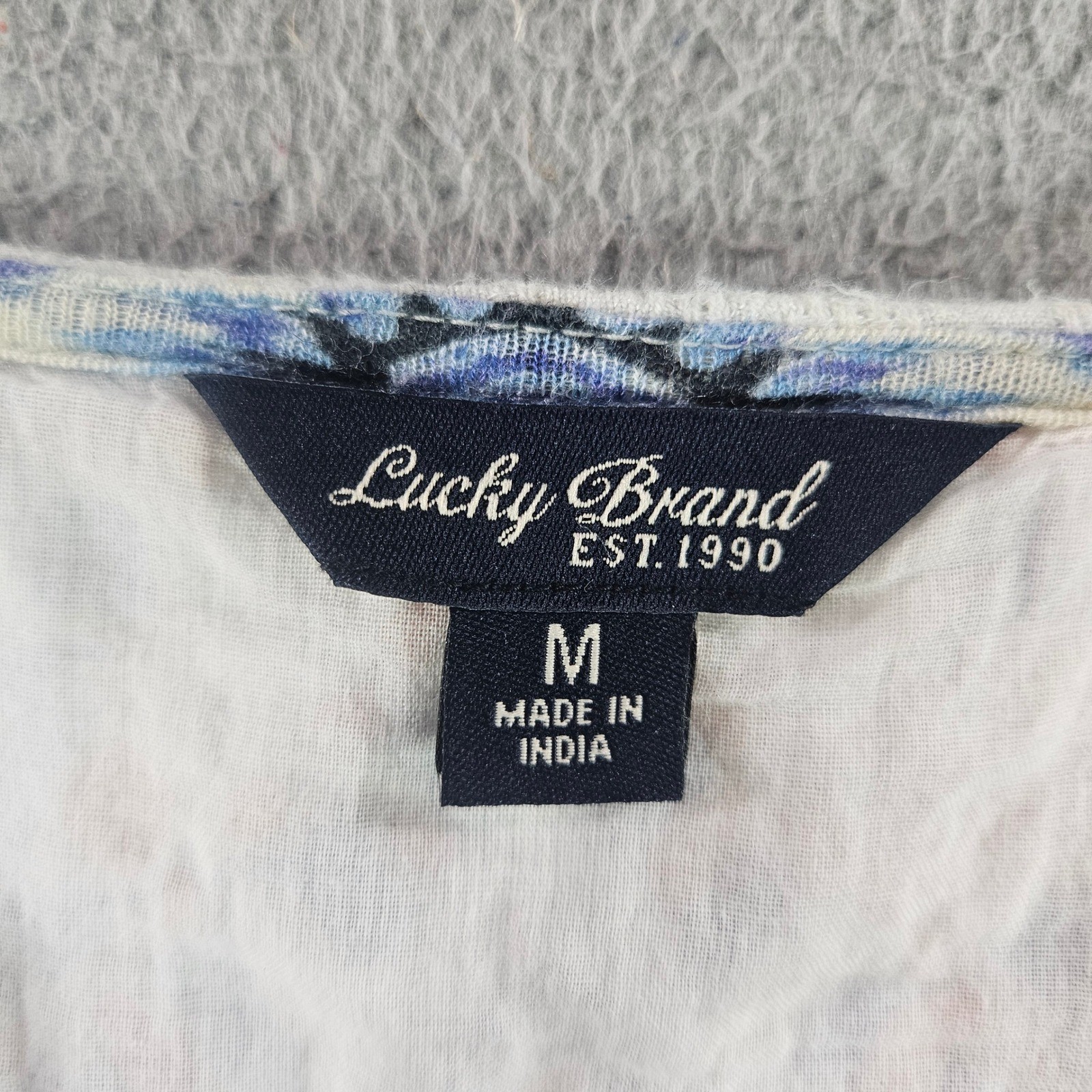 Lucky Brand Blue Tile Print Embroidered Peasant Blouse Tassel Top Womens Medium