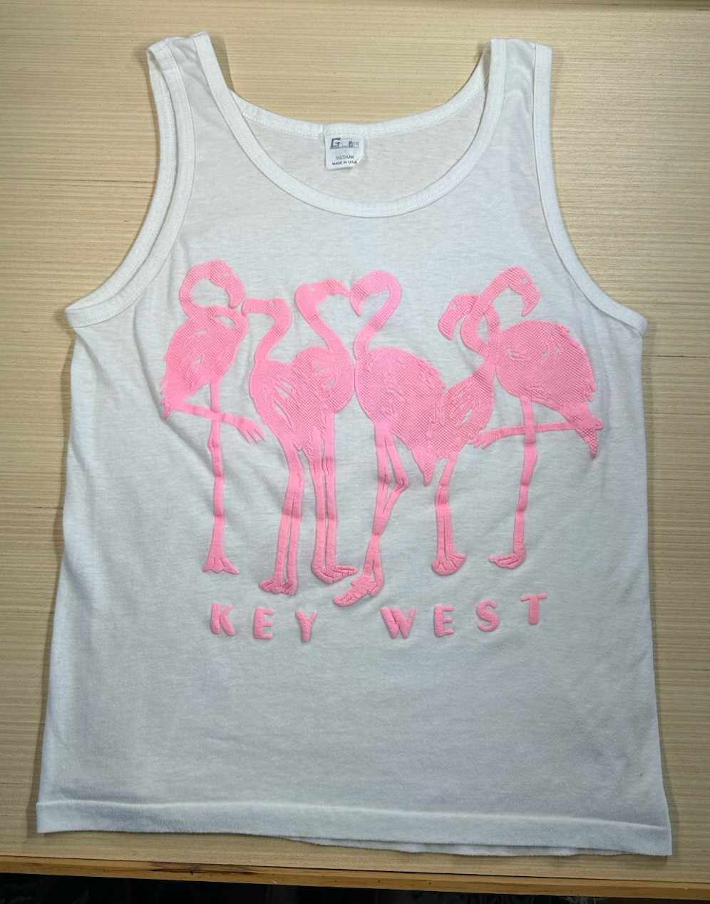 Vtg G-Tees Womens Medium White Flamingos 3D Key West Tank Top USA Coastal Chic