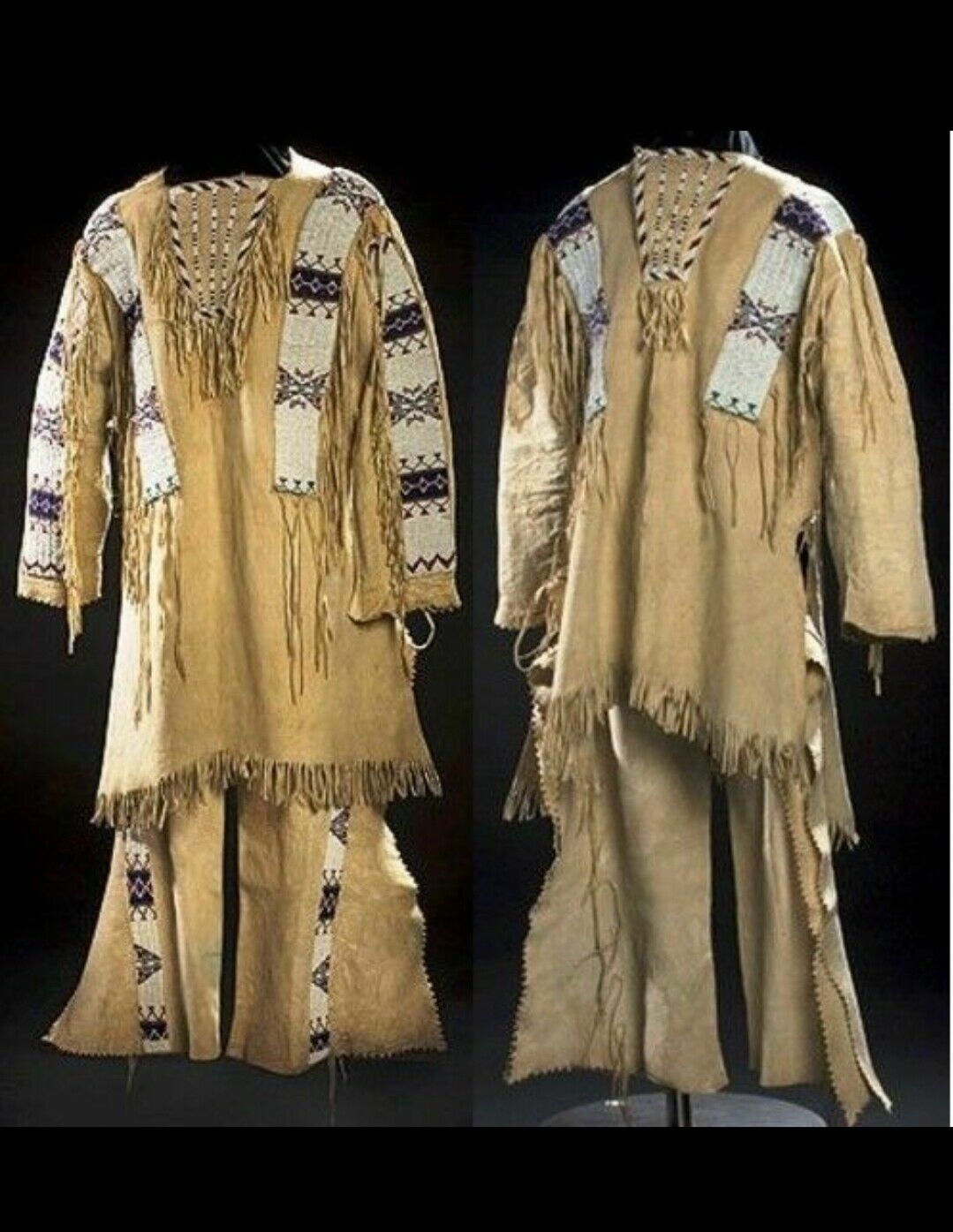 Old Style Beige Buckskin Suede Hide Beaded Fringe Powwow War Shirt & Pant NSP241