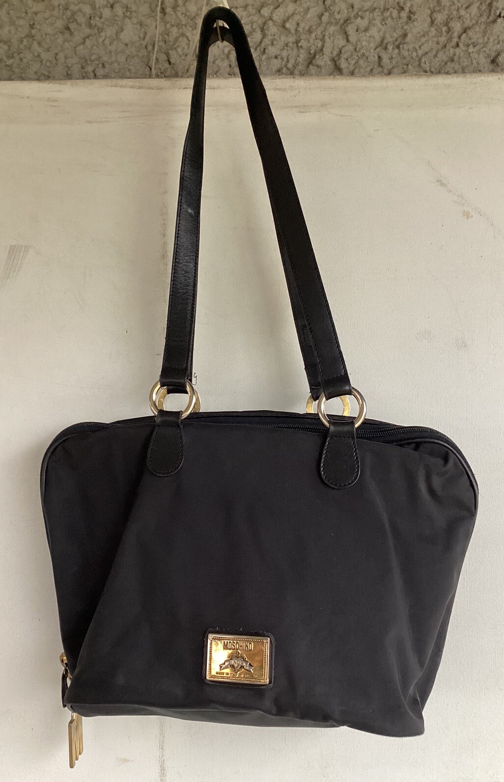 Vintage MOSCHINO Black Nylon Leather Shoulder Redwall Bag