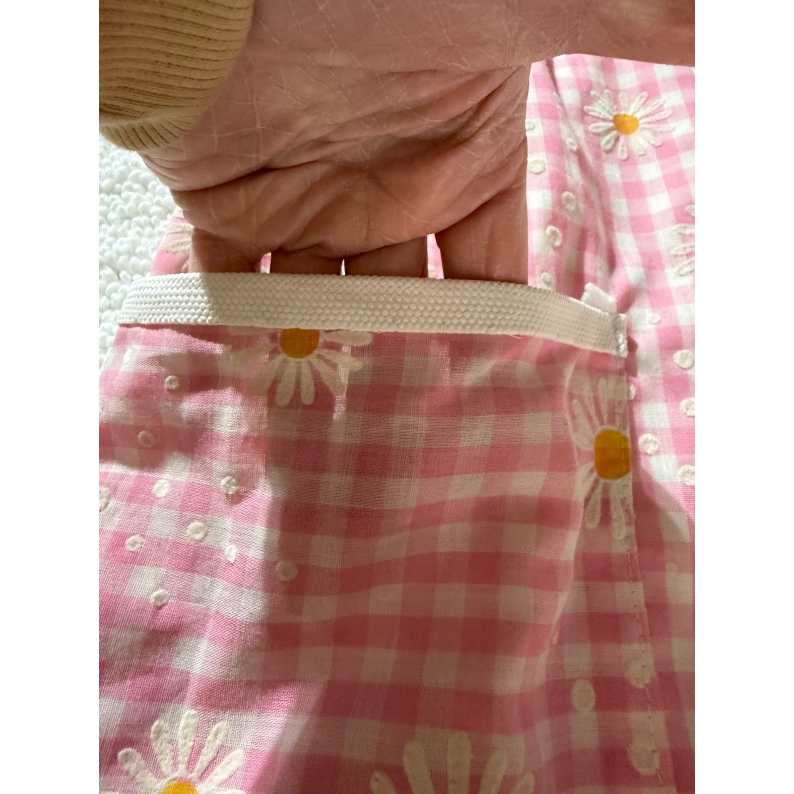 Pink Gingham Daisy Embroidered Pinafore Dress with Pockets Square Neck HOMEMADE