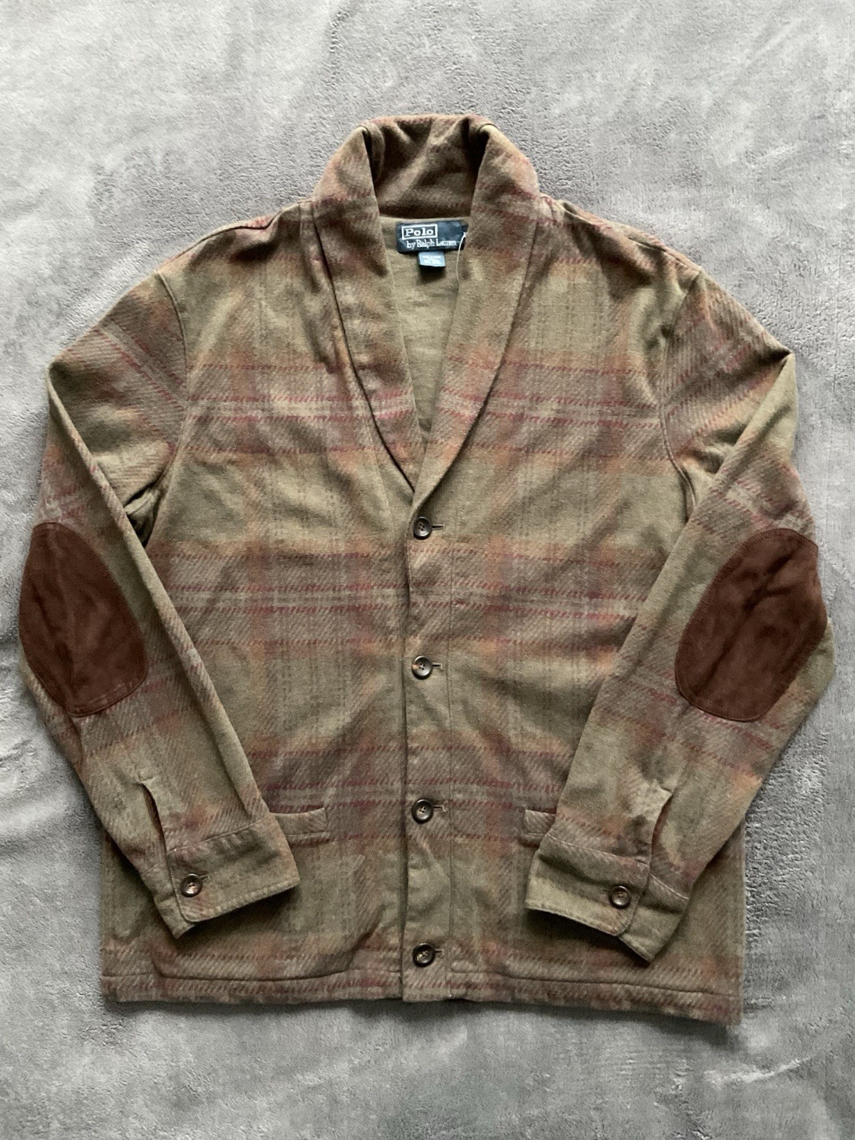 Polo Ralph Lauren Shawl Collar Cardigan Mens L Tartan Plaid Elbow Patches NWT