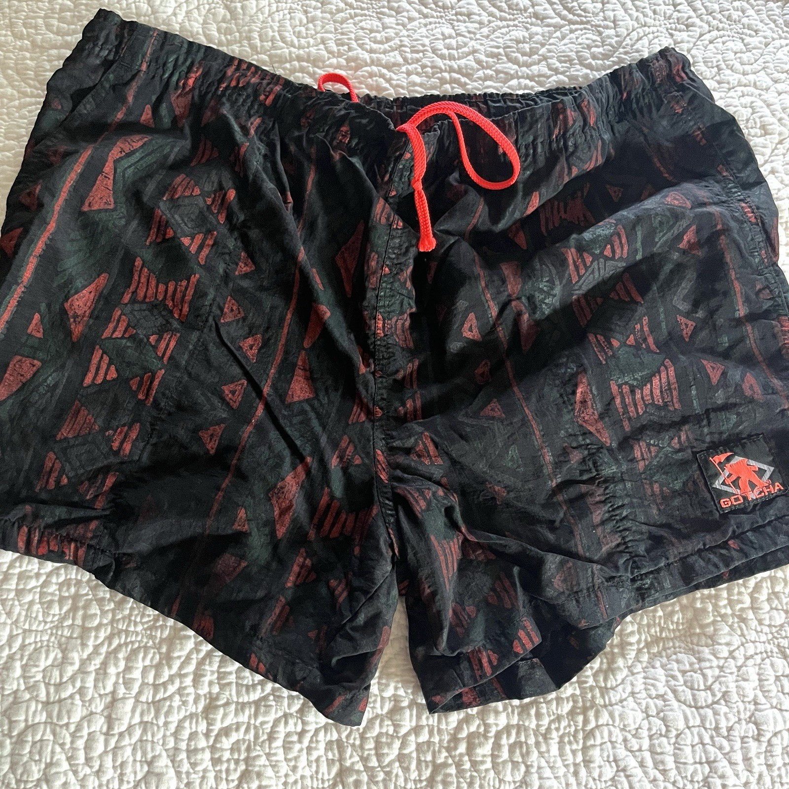 Vintage 80s Gotcha Short-Shorts Swim Trunks 3.5 In. Inseam Neon Orange Black S/M