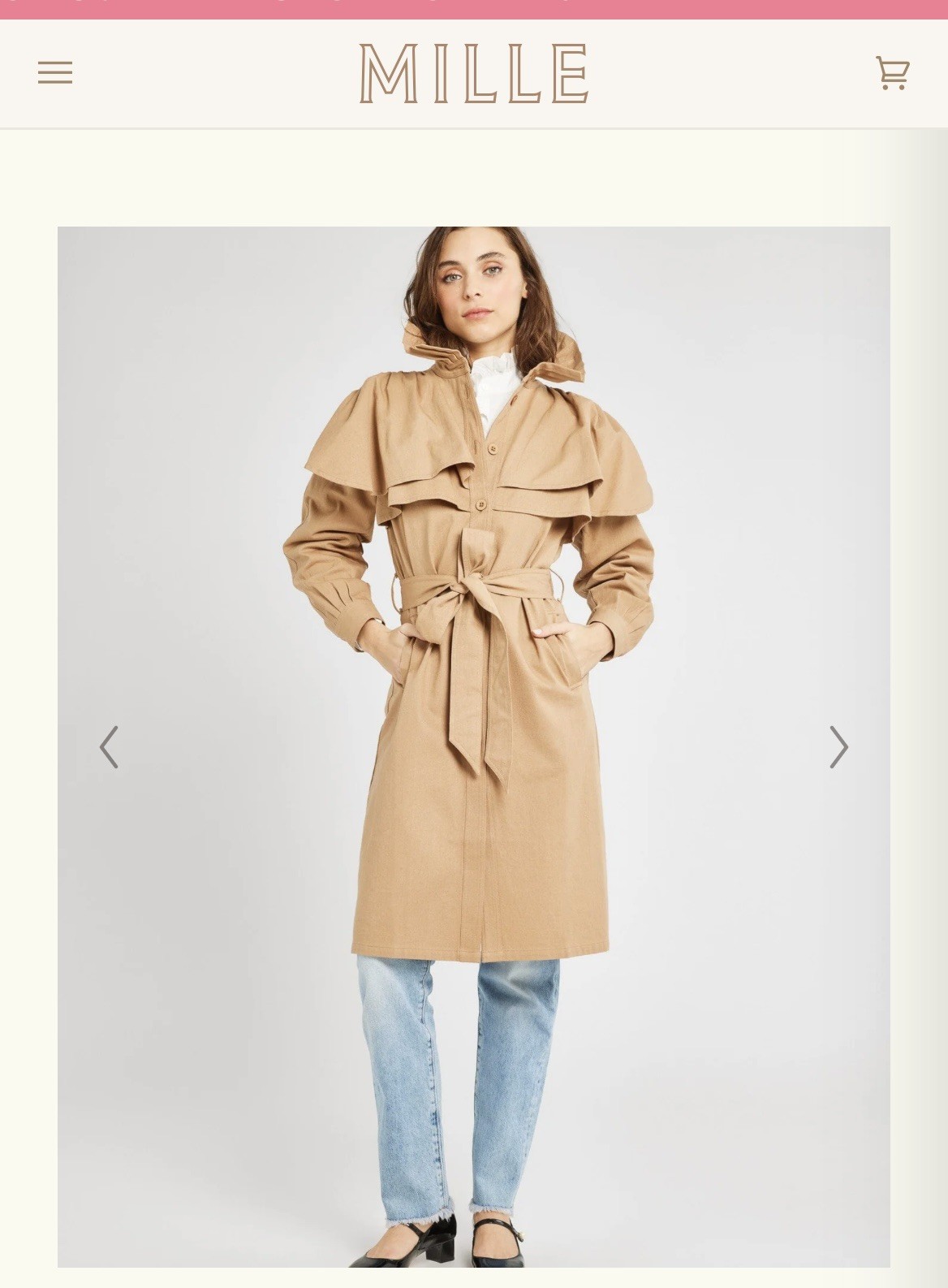 NWT Mille Resort & Travel Renata Ruffle Trench Coat In Almond Beige Tan Small